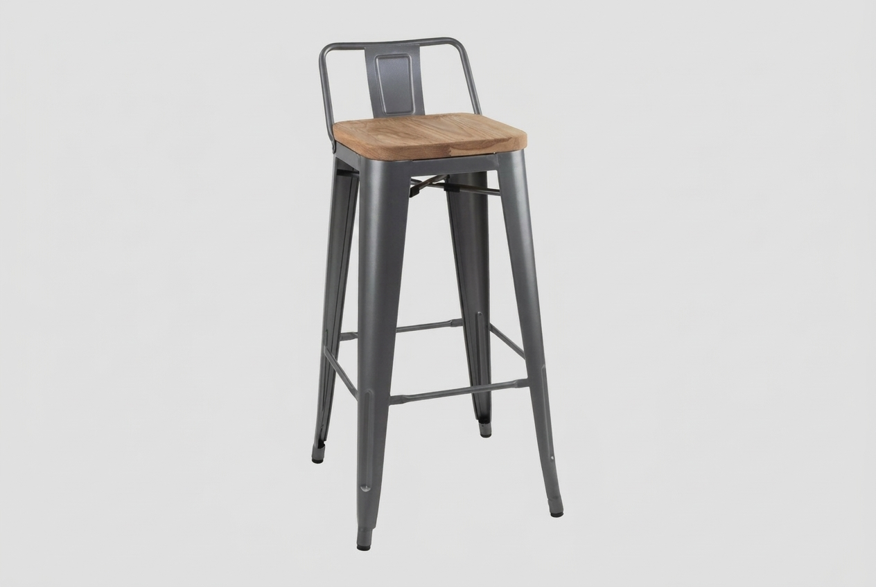 Stella steel bar stool with wooden backrest Grey