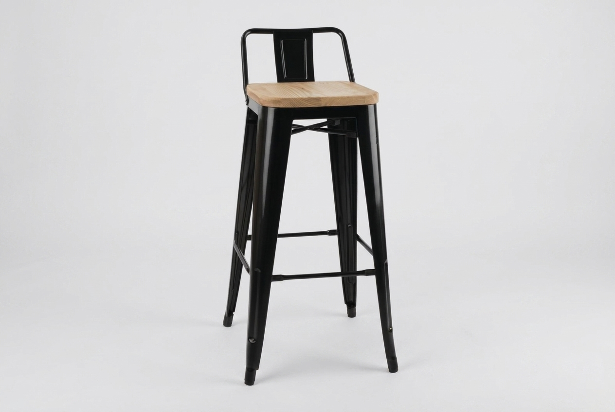 Stella steel bar stool with backrest wooden seat black