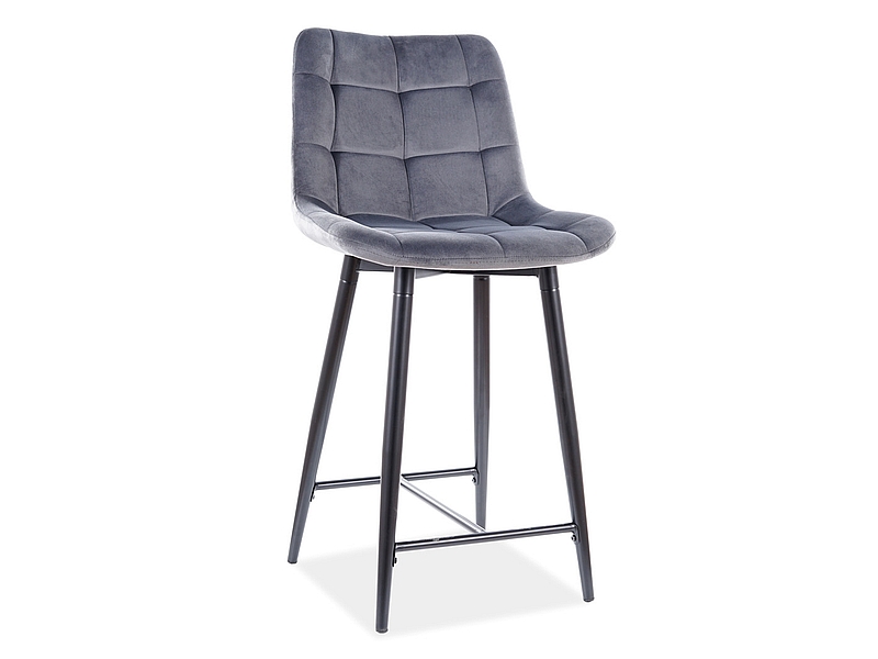 Amara half-height bar stool in grey velvet fabric with metal frame 